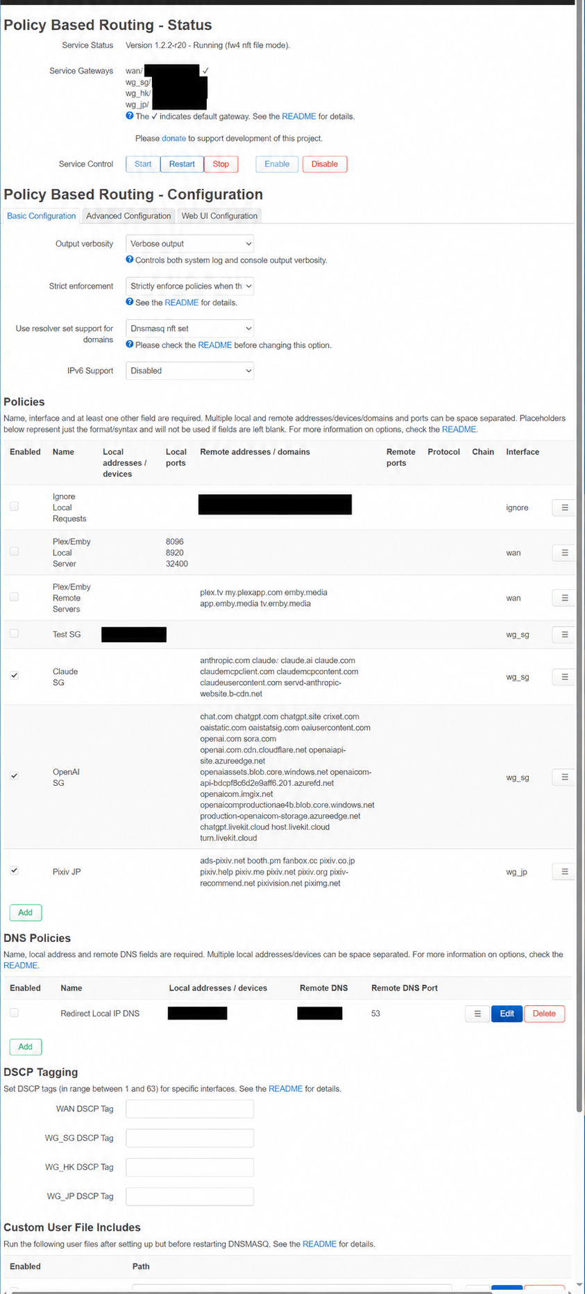 OpenWrt PBR running with domain-based routing policies; gateway and client addresses are covered.