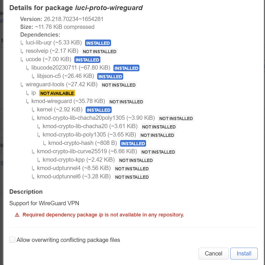 LuCI refusing to install luci-proto-wireguard because its ip dependency was unavailable.