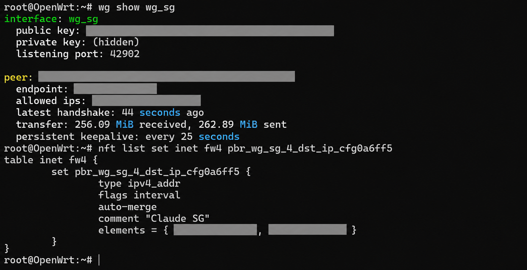 WireGuard handshake and traffic counters alongside a populated PBR destination set; keys and addresses are covered.